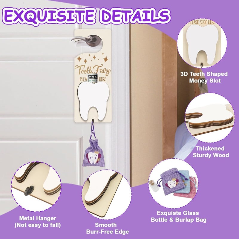 AINBIN Tooth Fairy Tooth Holder, Tooth Fairy Door Hanger with Money Slot, Keepsake Bottle & Burlap Pouch for Lost Teeth, Encourage Gift for Boys Girls (Purple) - Image 3